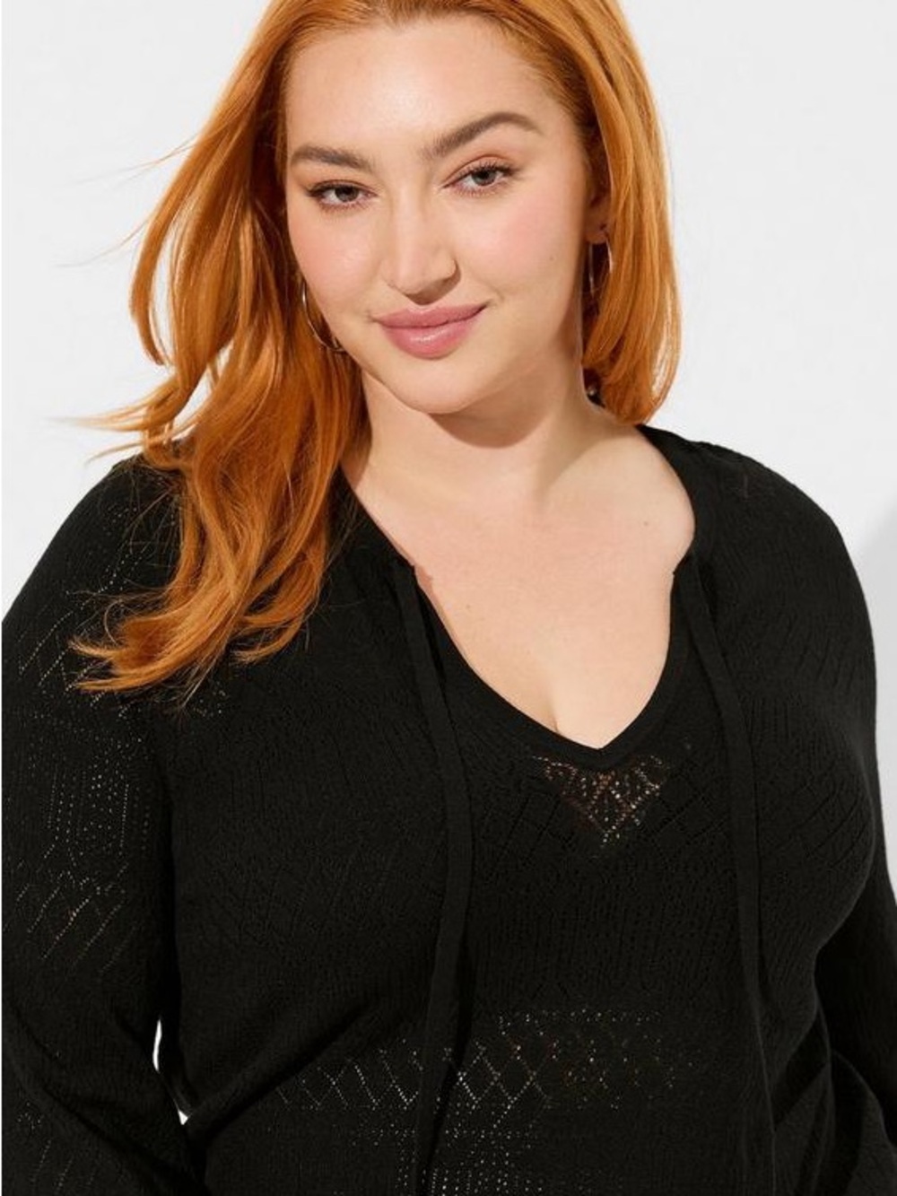 TORRID Tie Neck Pullover Sweater in Black Pointelle - 2X